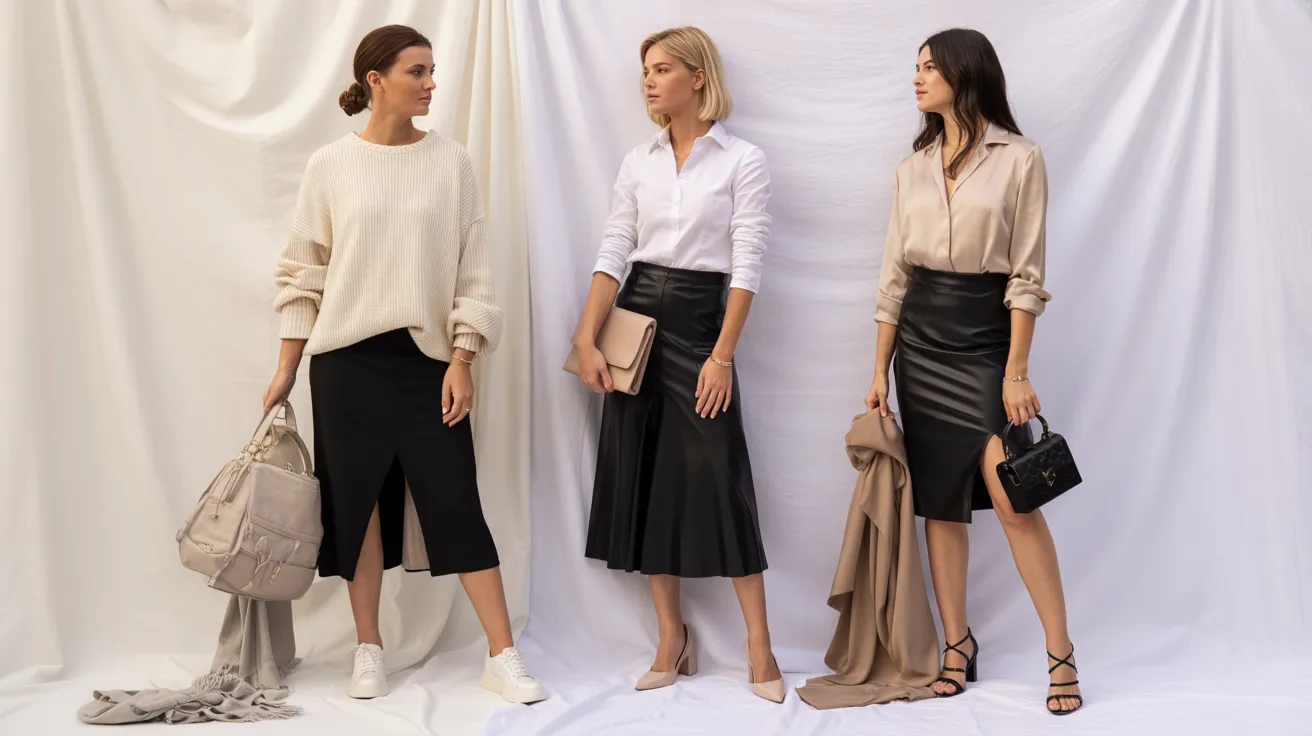 Three women in stylish black and white outfits stand side by side, showcasing a coordinated fashion look.