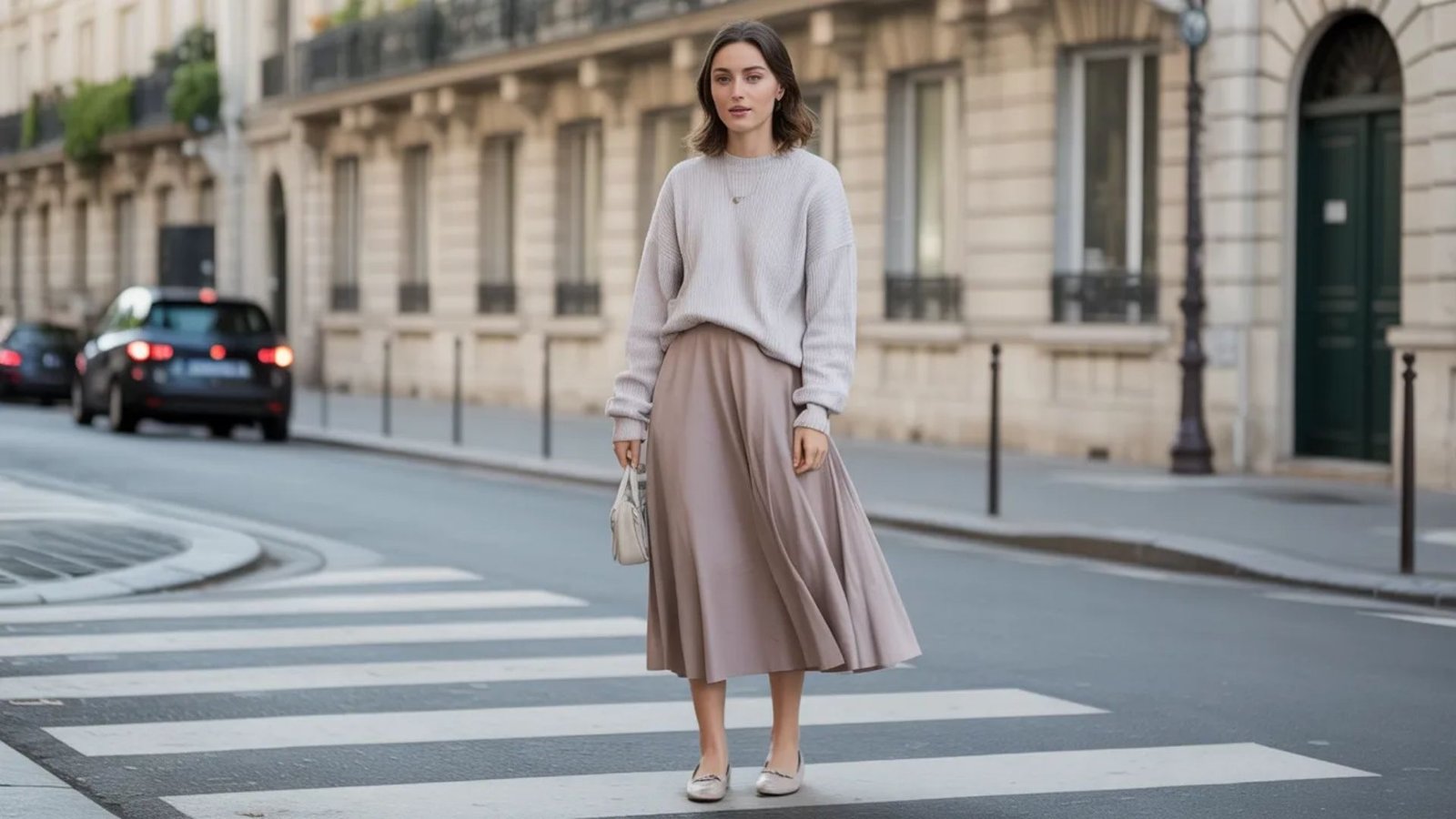 A woman in a beige skirt and sweater is crossing the street, looking to her right as she navigates traffic.