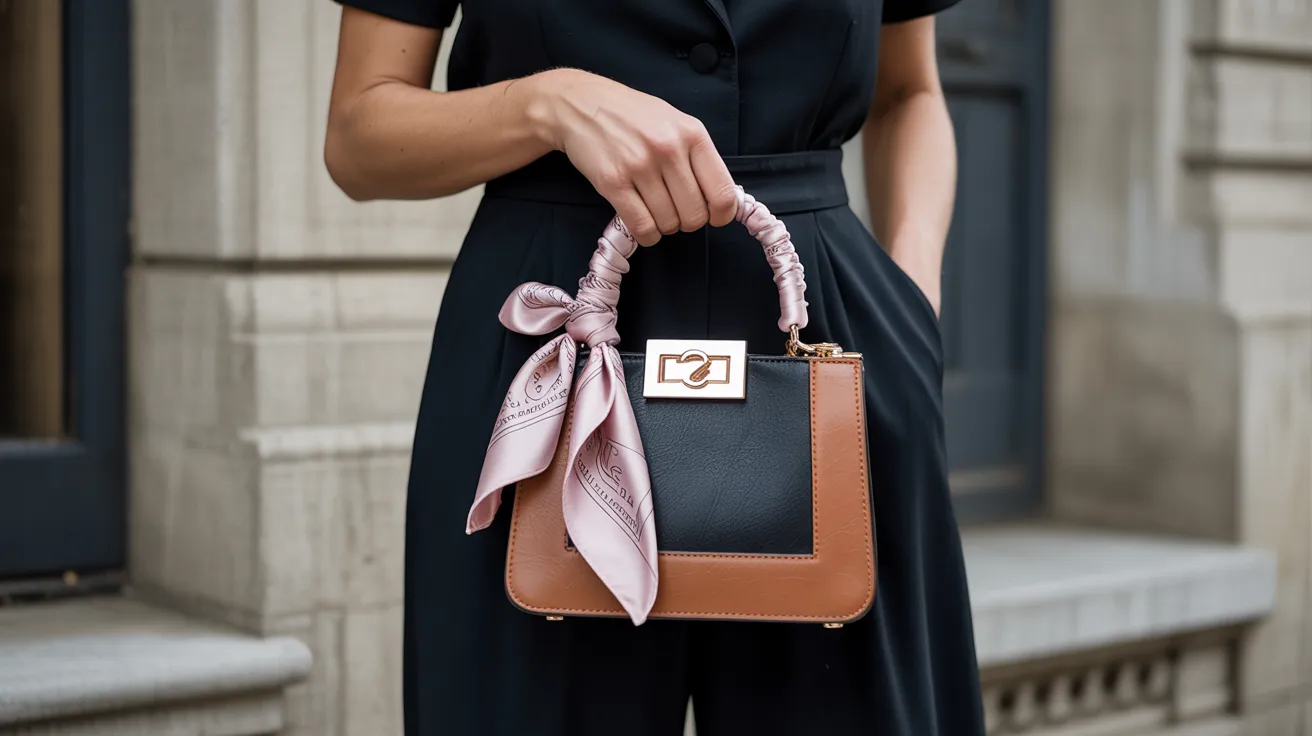 A woman dressed in black and brown holds a handbag, standing confidently with a neutral background.