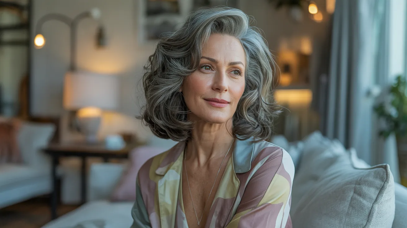 A woman with gray hair is sitting comfortably on a couch, looking relaxed and engaged in her surroundings.
