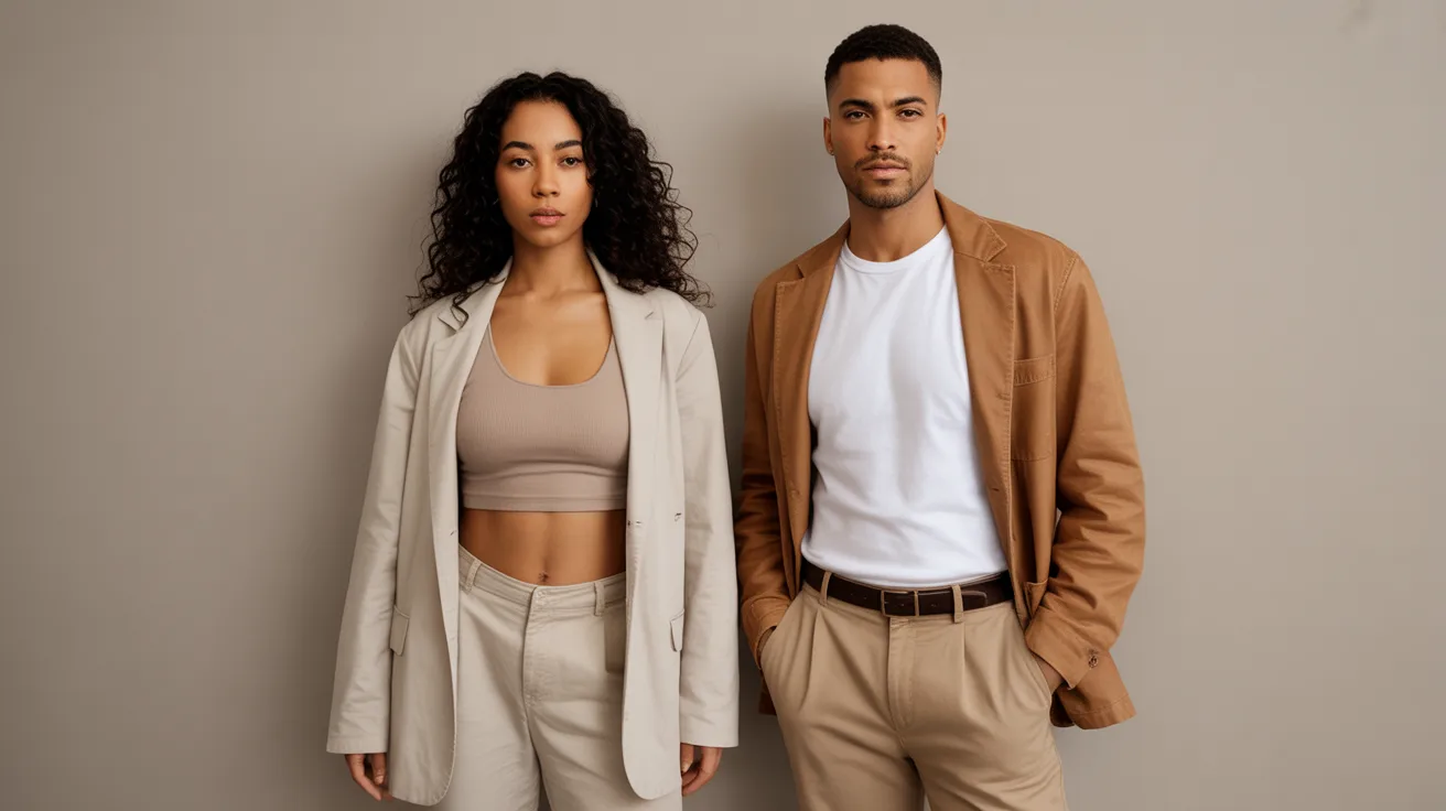 A man and woman in beige clothing stand side by side, smiling at the camera in a neutral background.