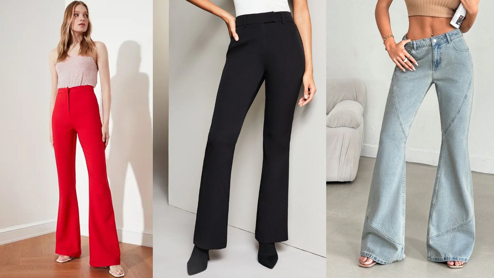 Four styles of pants displayed: one high-waisted, one wide-legged, plus two additional varied designs.