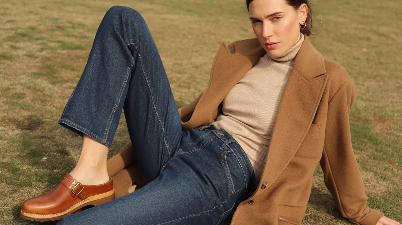 A woman in a brown coat and jeans sits on the grass, enjoying a moment of relaxation outdoors.