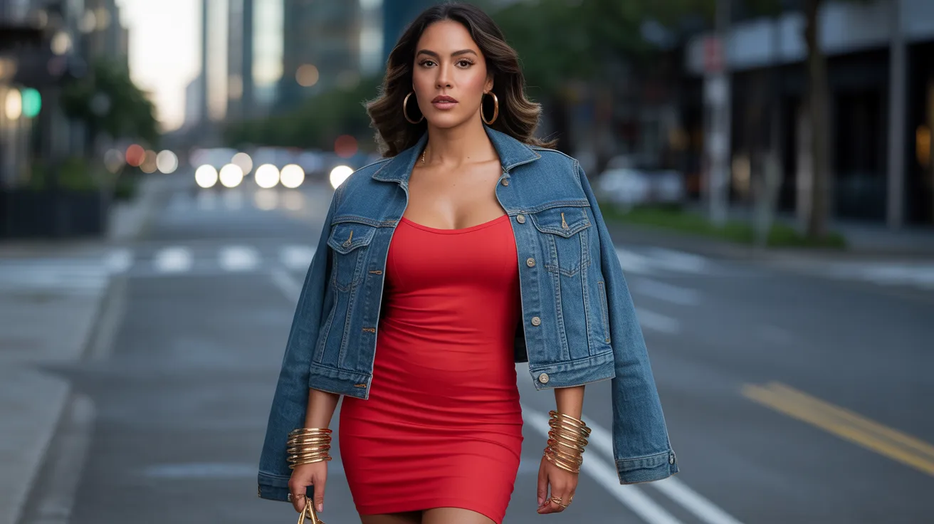 A woman wearing a red dress and a denim jacket stands confidently, showcasing her stylish outfit.