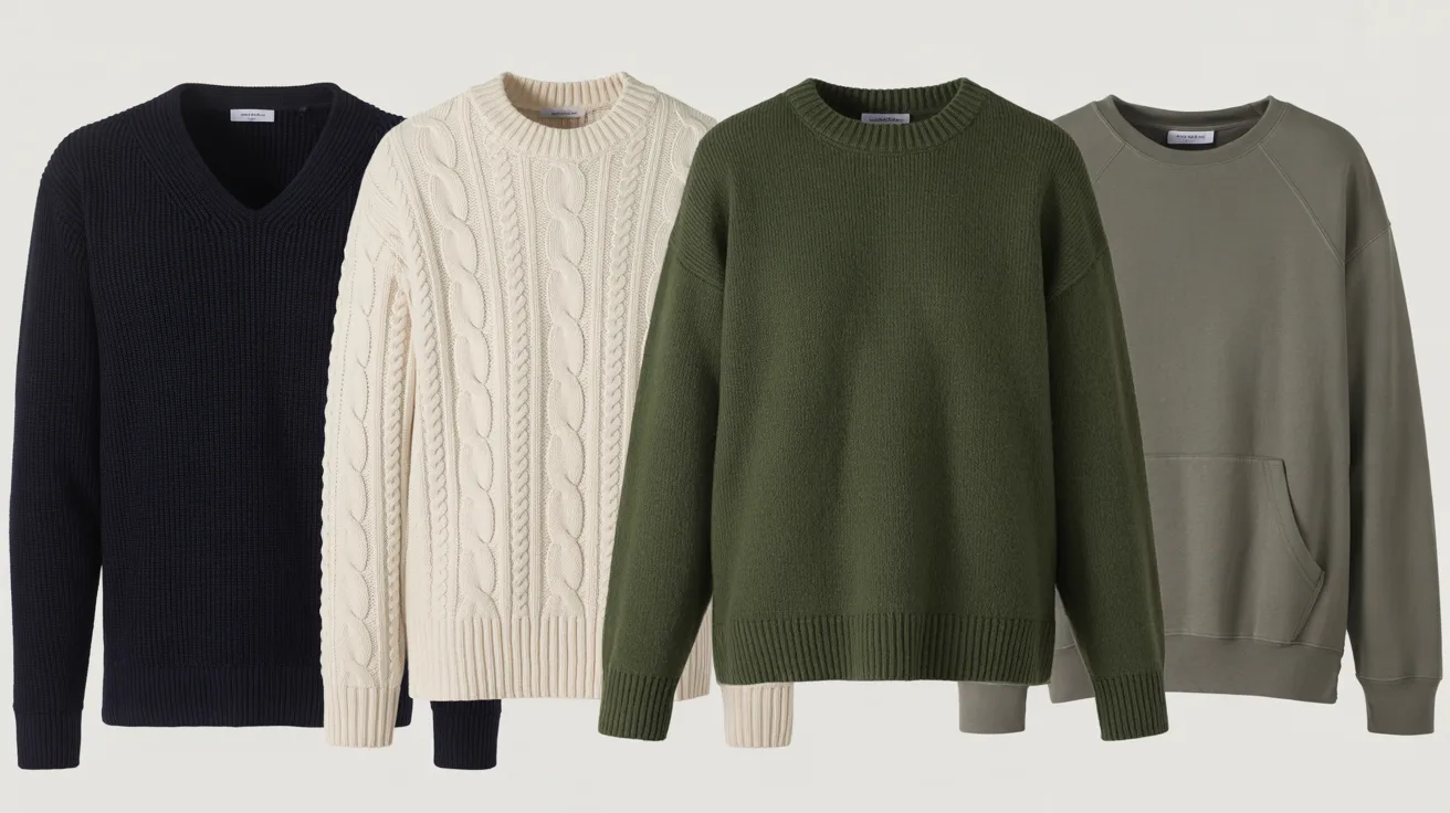 Three sweaters in various colors displayed together, showcasing different styles and textures.
