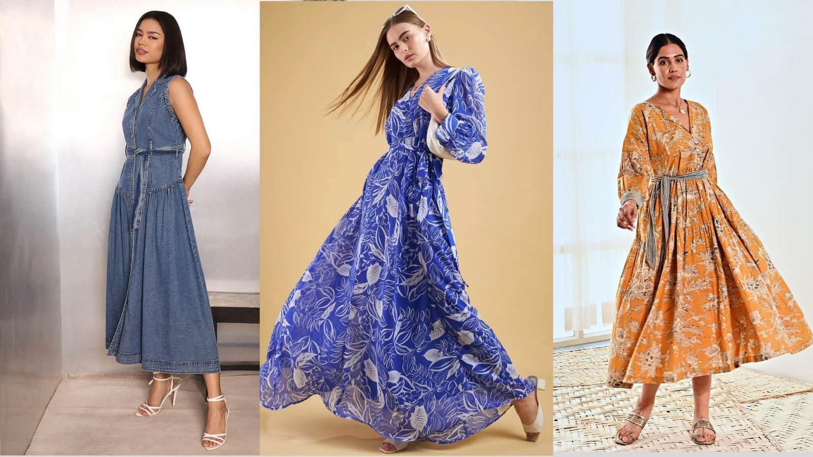 Four uniquely styled dresses in different colors, representing a variety of fashion trends and personal styles.