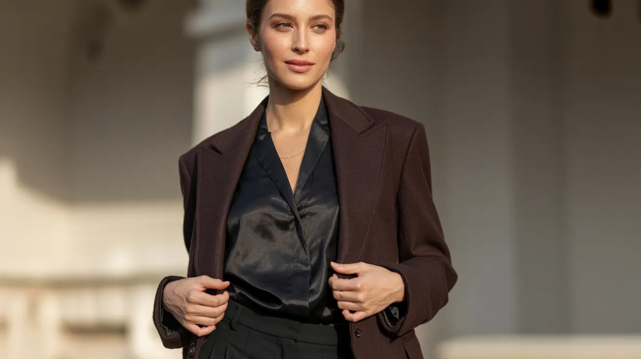 A woman wearing a black blouse and a brown blazer stands confidently, showcasing a professional appearance