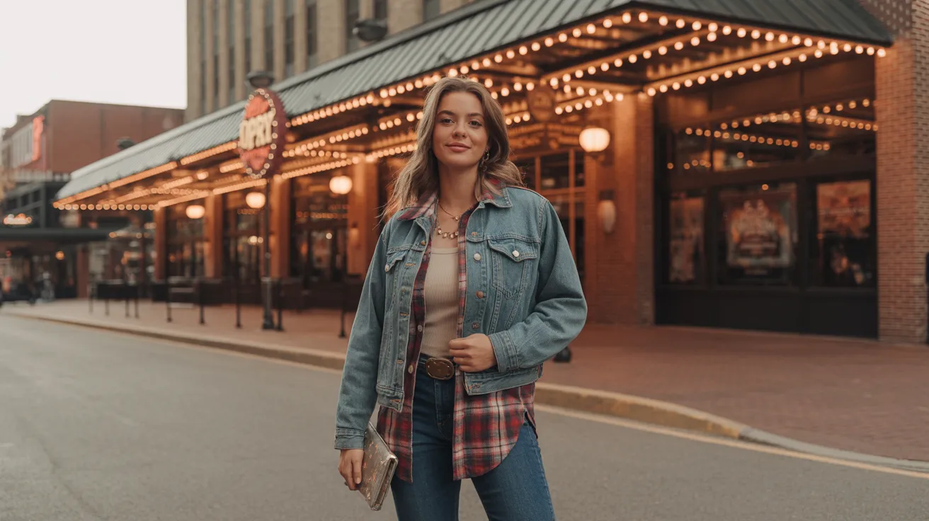 A woman wearing jeans and a denim jacket stands confidently on a city street.