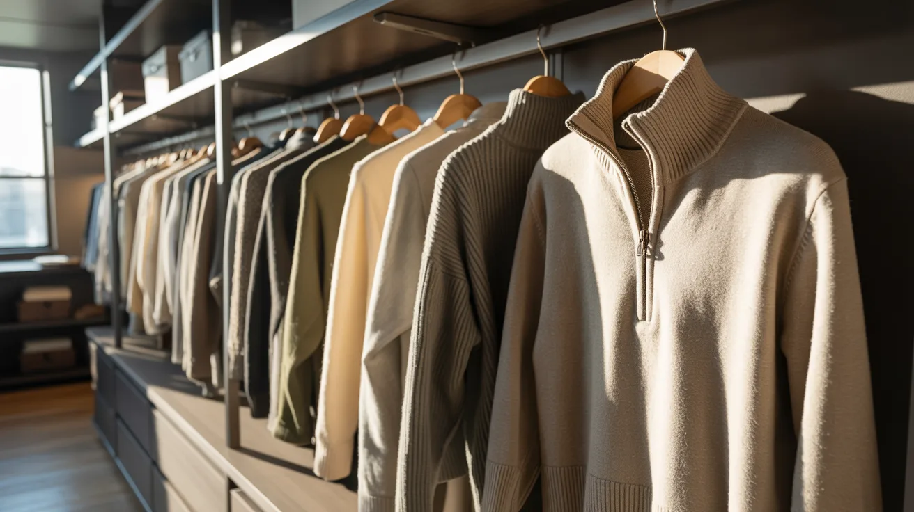 A closet filled with various sweaters neatly hanging on a rack, showcasing a range of colors and styles.