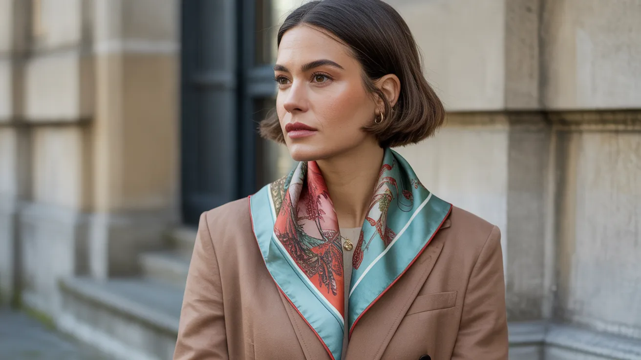 A woman in a brown coat and scarf stands, showcasing her stylish winter attire.