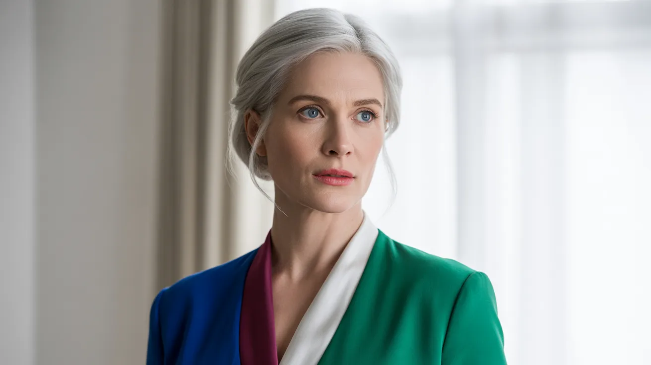 A woman with white hair in a green and blue blazer, posing with a slight smile against a neutral background.