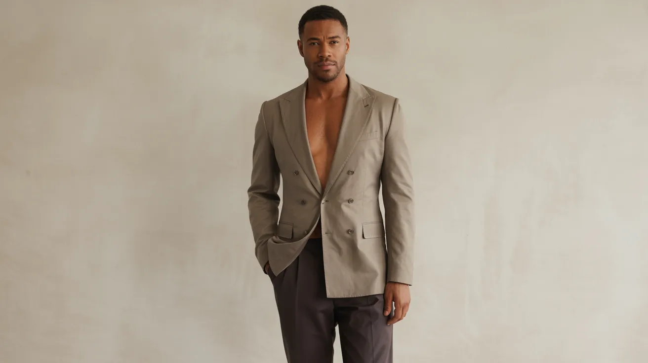 A man in a tan suit and shirt stands, reflecting a stylish and formal demeanor.