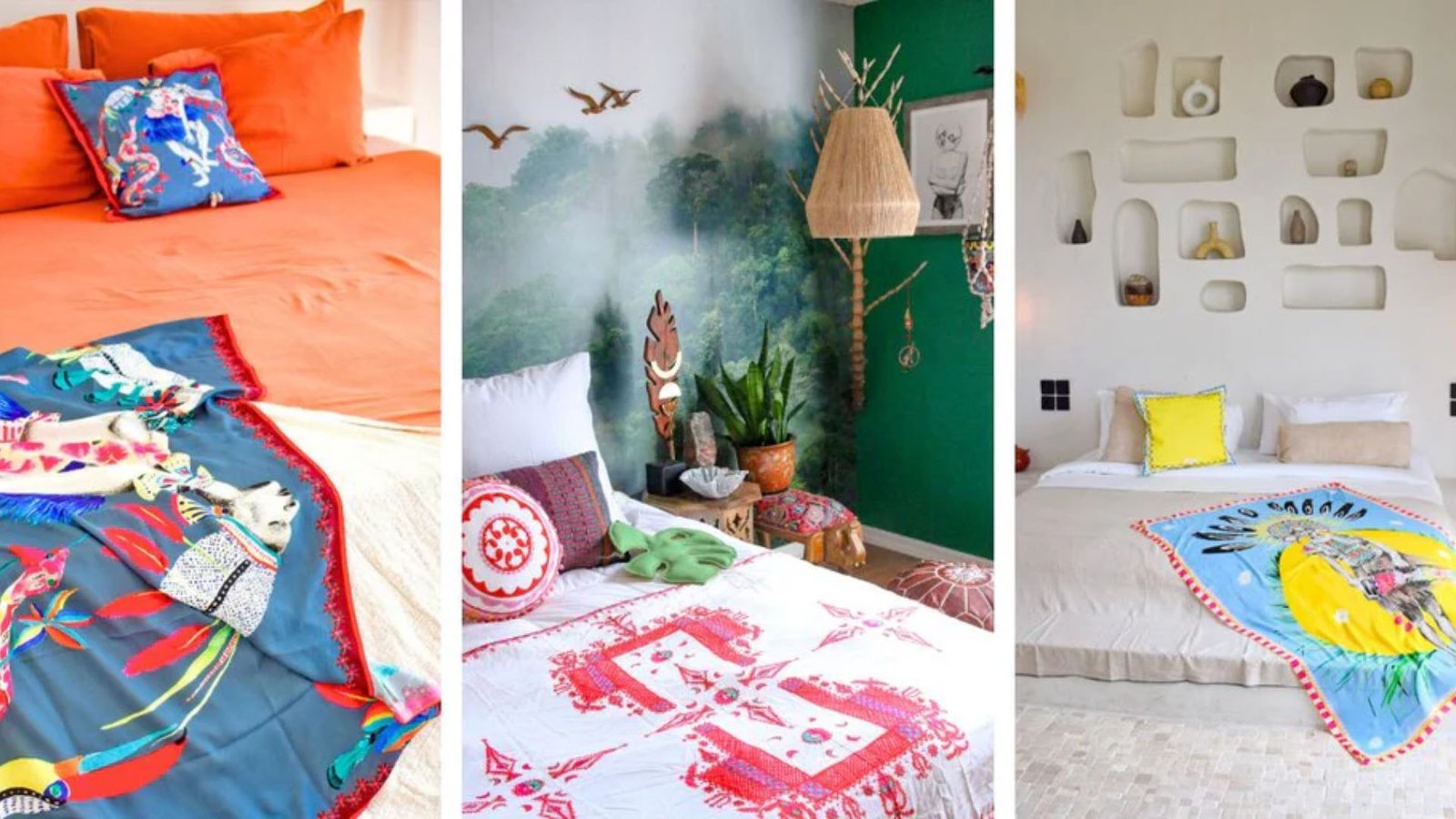 Four images of a bedroom showcasing various colorful bedding styles and arrangements.