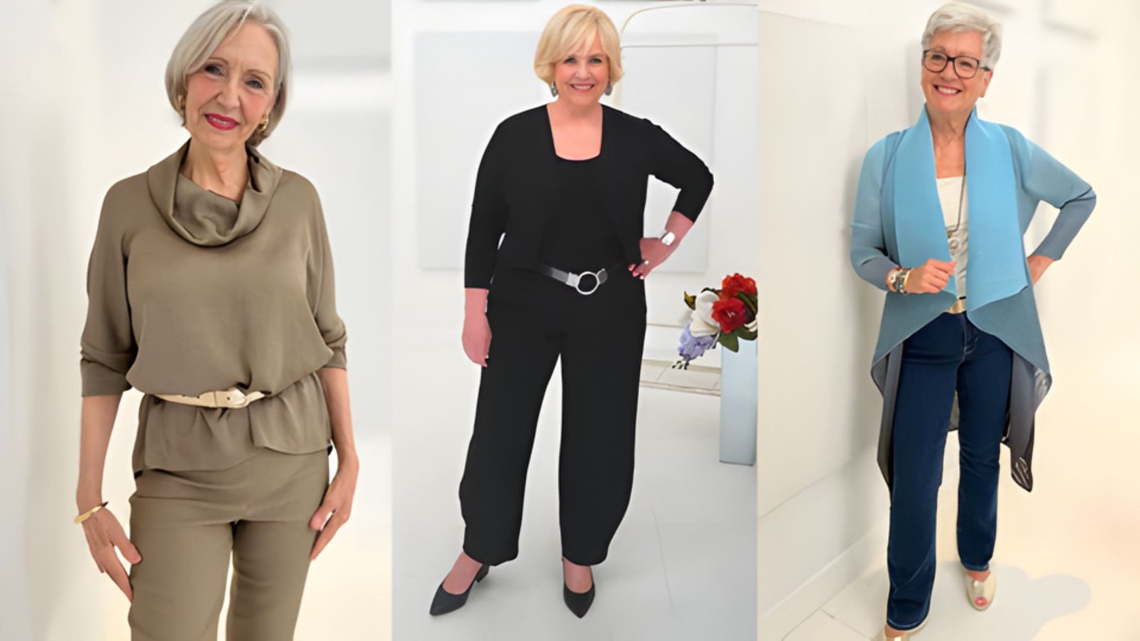 Three women in various outfits, one wearing a jacket, showcasing diverse styles and fashion choices.