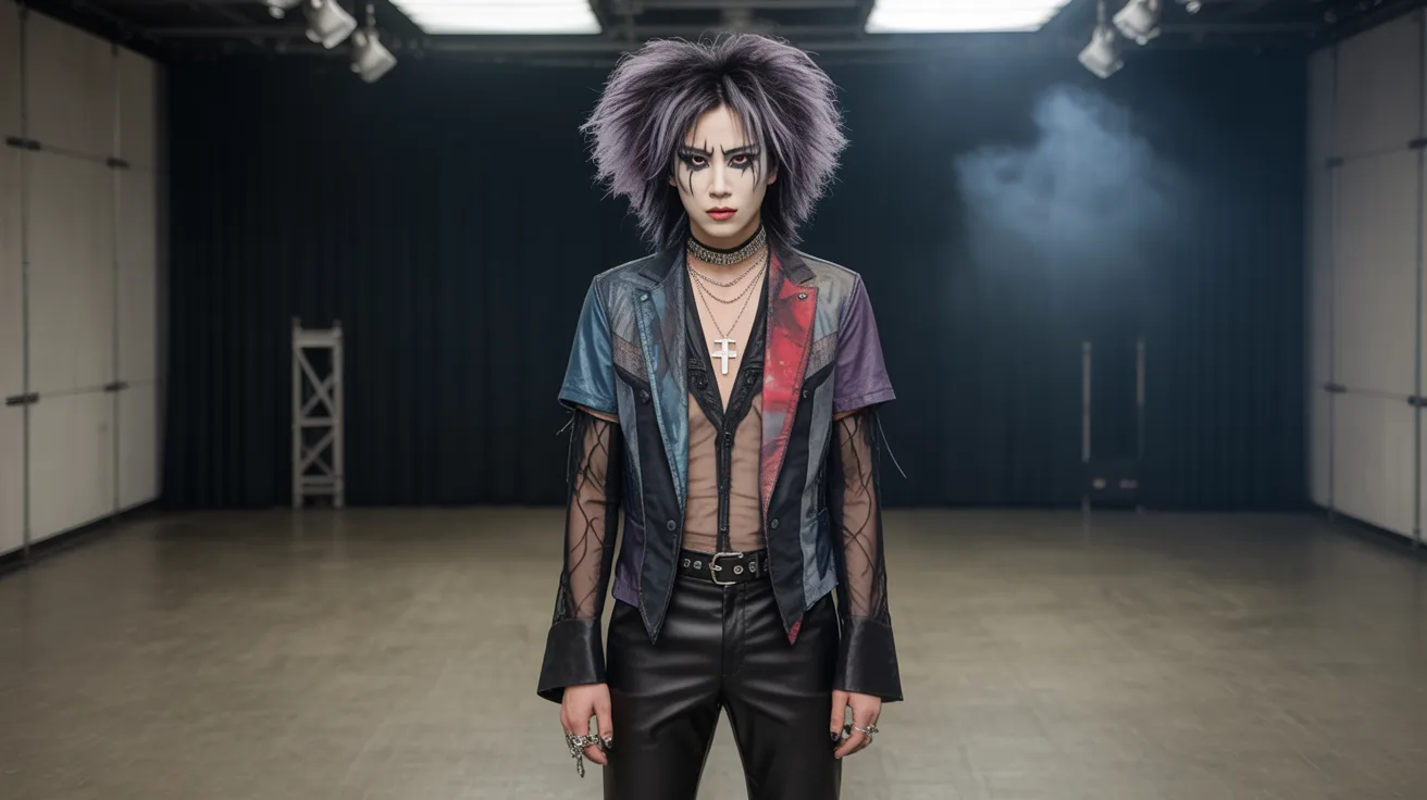 A person with vibrant purple hair and dramatic makeup stands in a dimly lit room, creating a striking visual contrast.