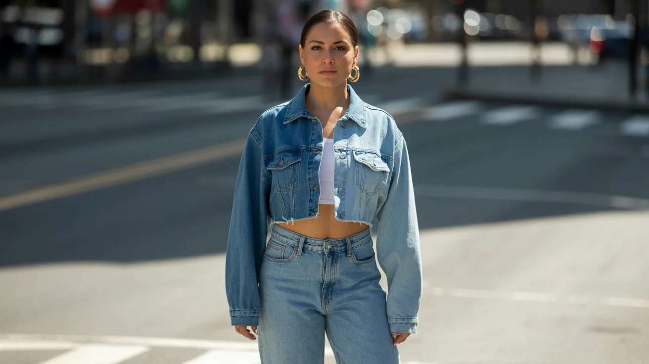 A woman wearing a crop top and denim jacket stands confidently on a city street, surrounded by urban scenery.