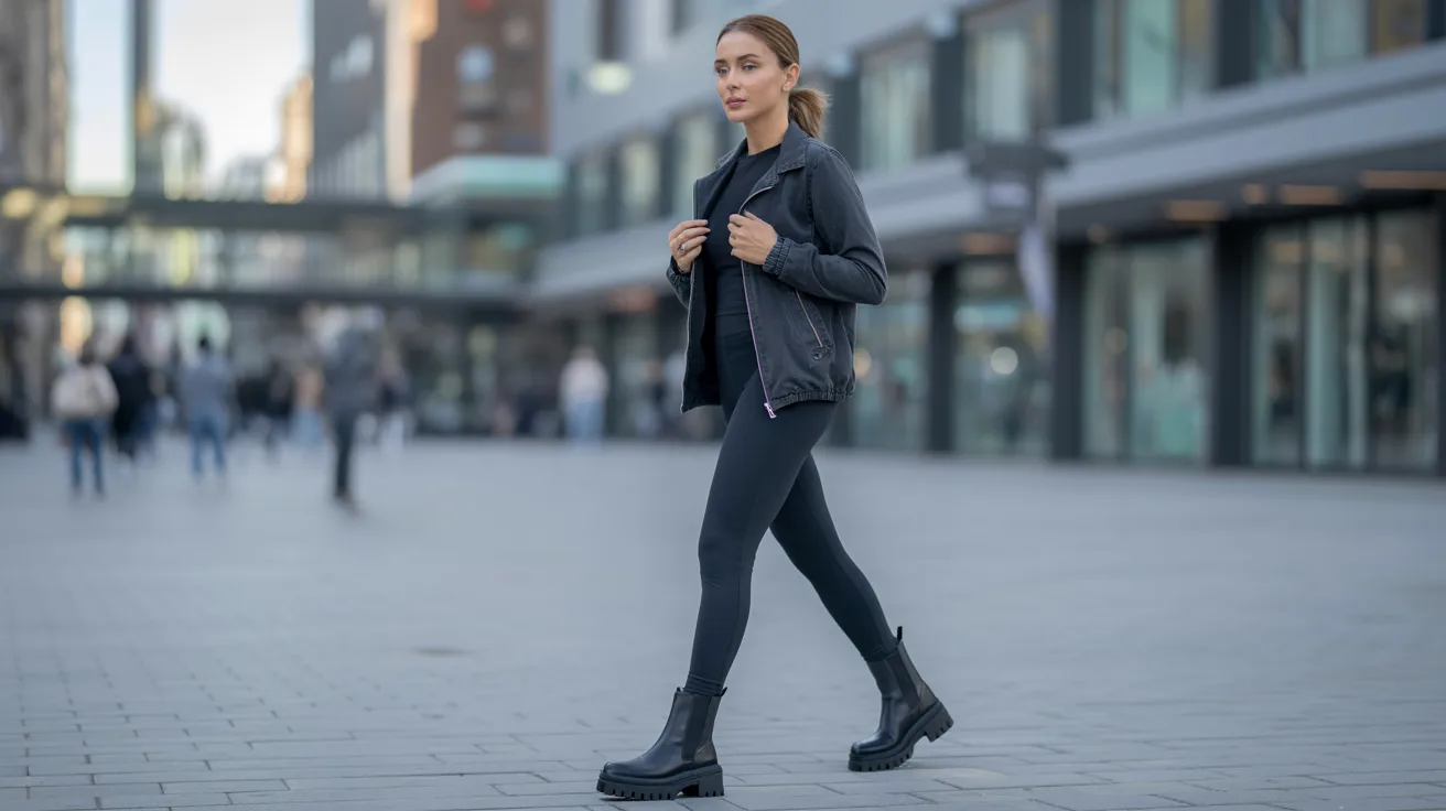 1. A woman in black leggings and boots walking confidently down a city street.

