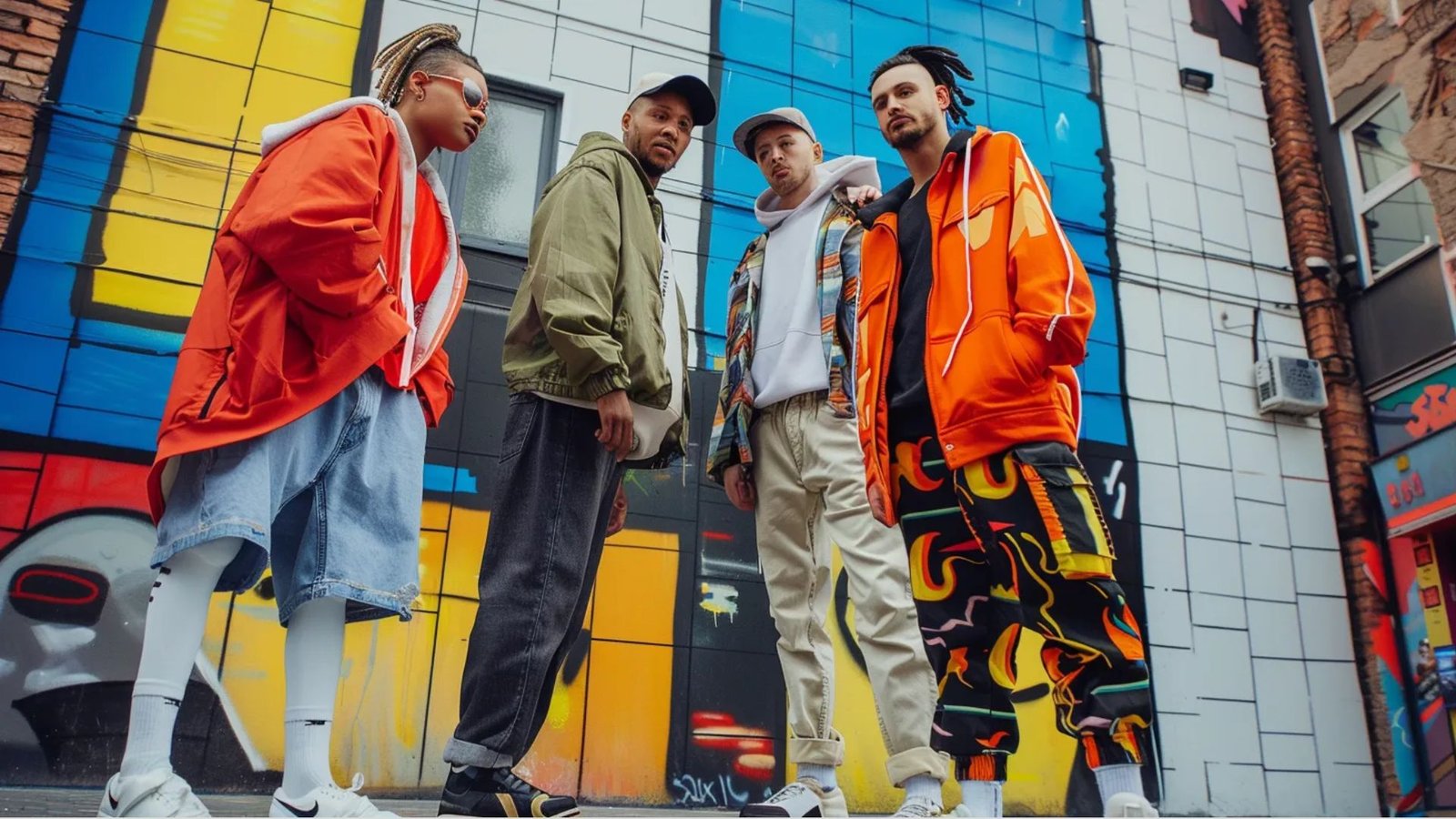 Four young men pose in front of a colorful building, highlighting their camaraderie against a vibrant backdrop.