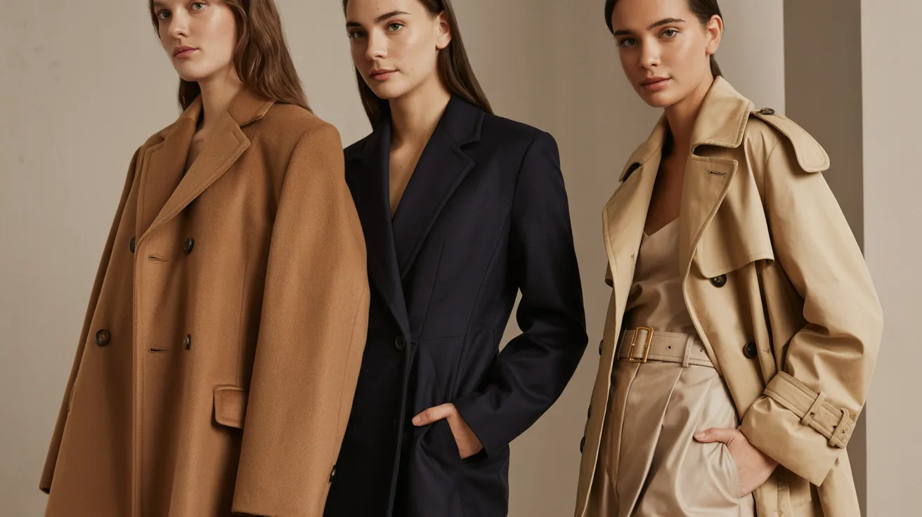 Three women wearing coats stand together, posing for the photo with friendly expressions.