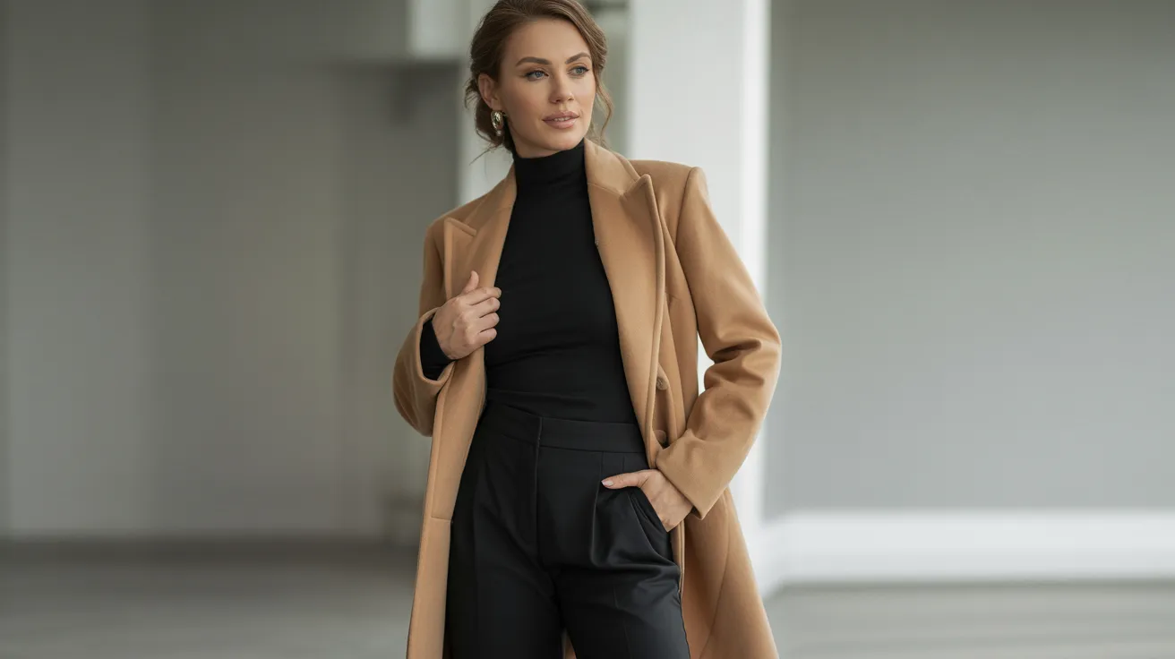 Woman wearing black pants and a camel coat stands confidently, showcasing a stylish and modern outfit.