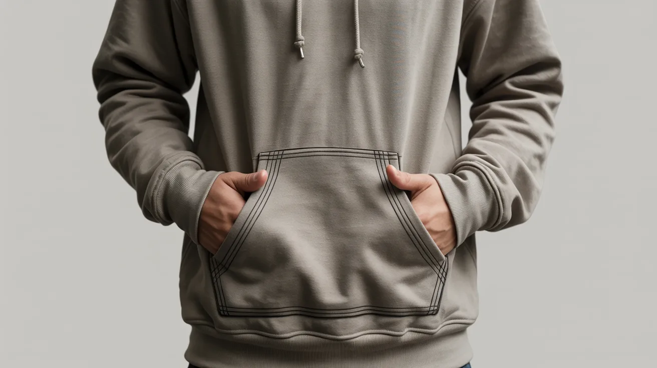 A man wearing a hoodie with a front pocket, standing casually with a neutral expression.