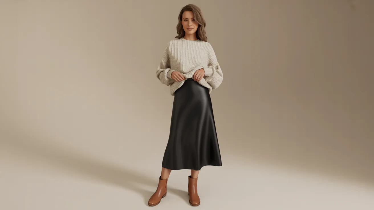 A model showcases a stylish sweater paired with a chic leather midi skirt.