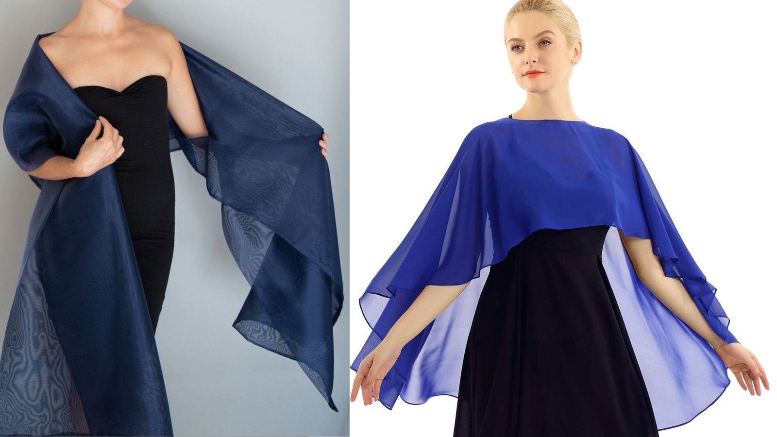 Two images of a woman: one in a black dress and another in a blue dress, showcasing her style and elegance.