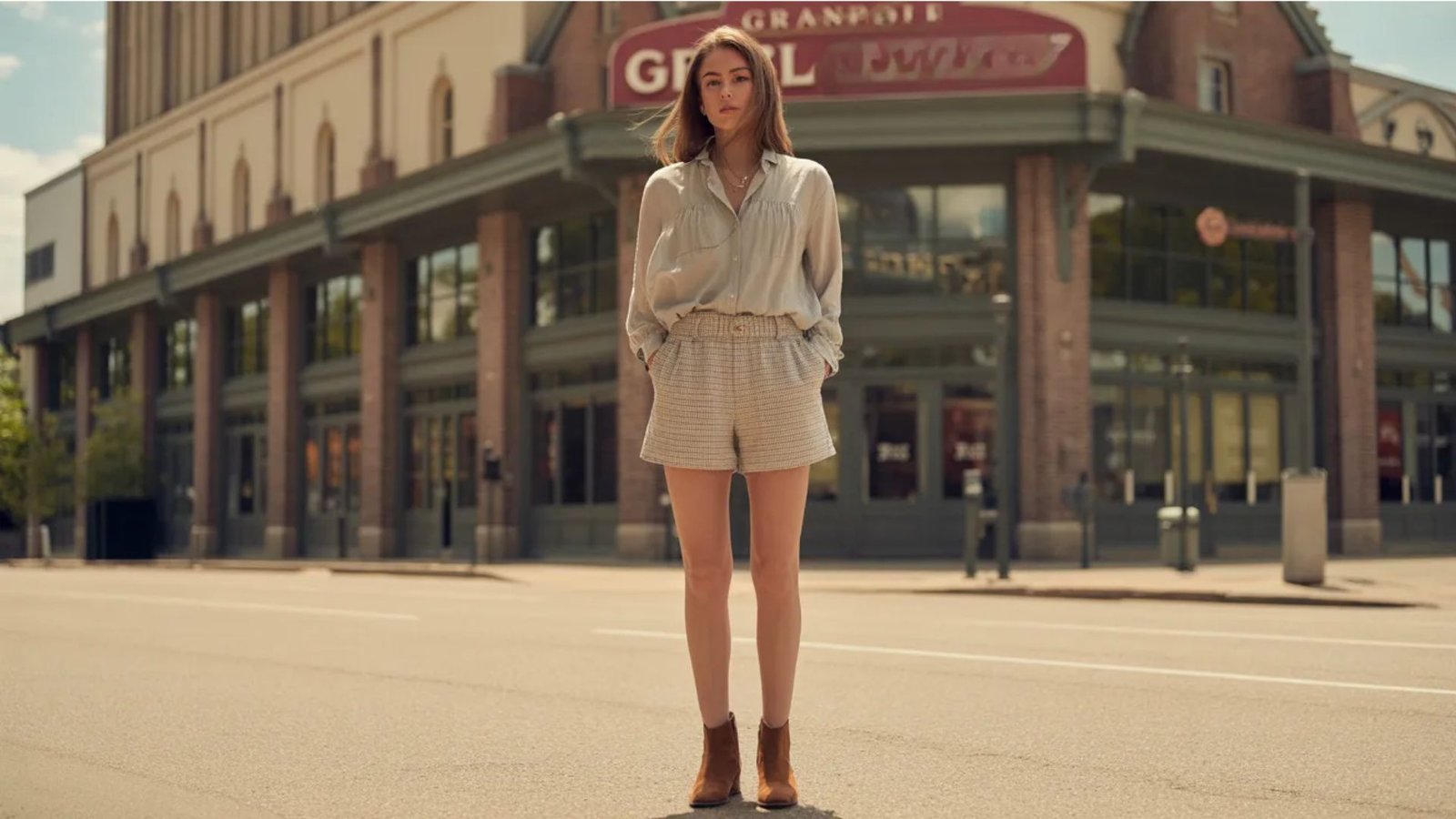 A woman wearing shorts and a shirt stands confidently on a city street, surrounded by urban scenery.