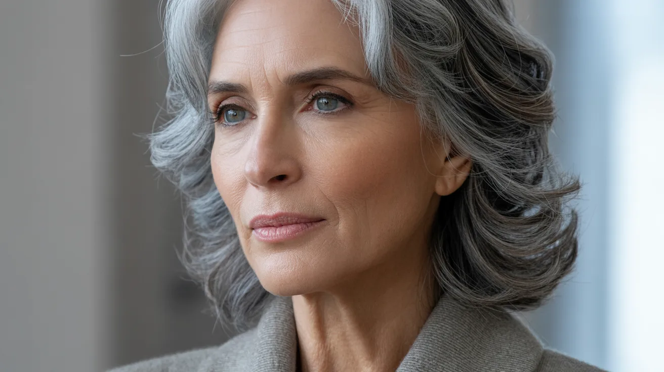 A woman with gray hair gazes thoughtfully to the side, her expression reflecting contemplation.