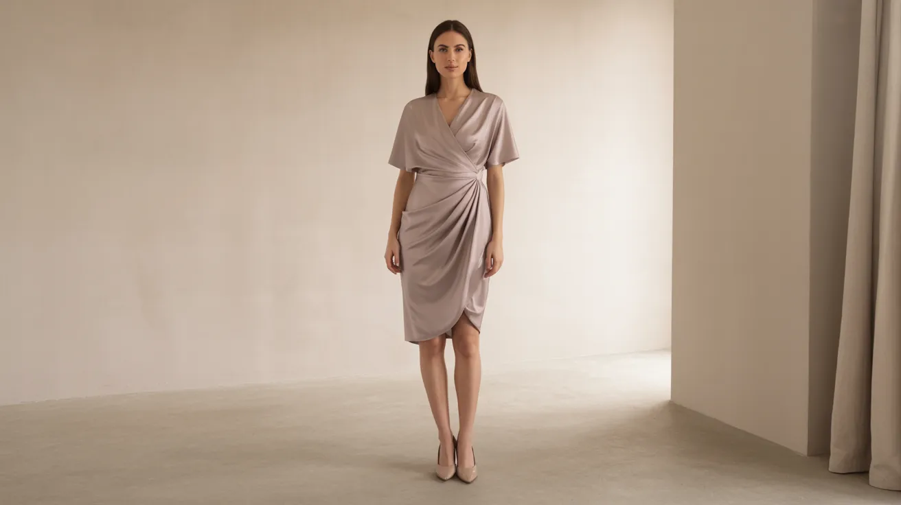 A model showcases a nude dress while posing in a tastefully designed interior space.