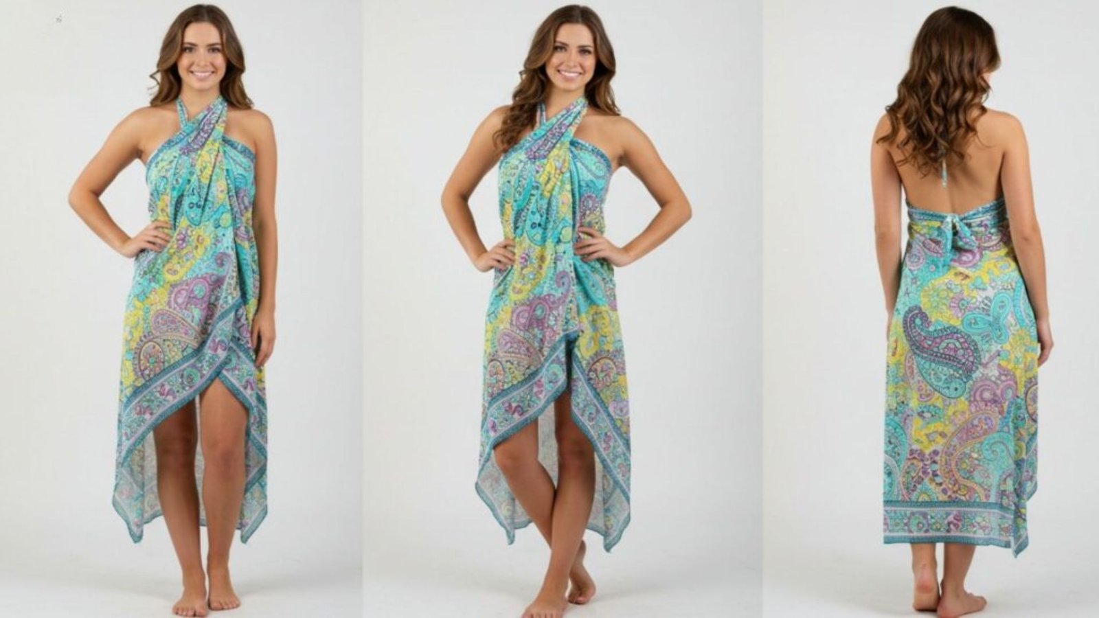 Three images of a woman showcasing different styles of dresses in various poses and settings.