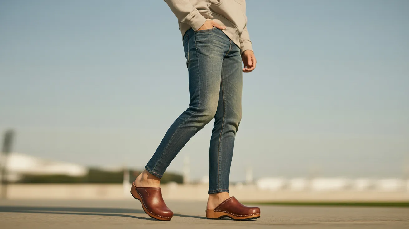 A woman stands wearing stylish brown shoes, showcasing a casual yet fashionable look.
