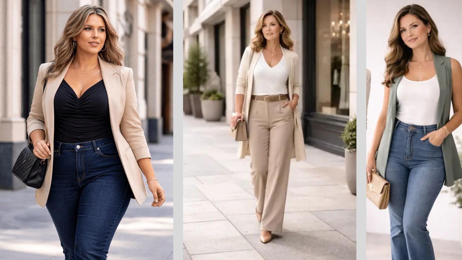 Four images of women showcasing various styles of jeans and blazers in different poses and settings.