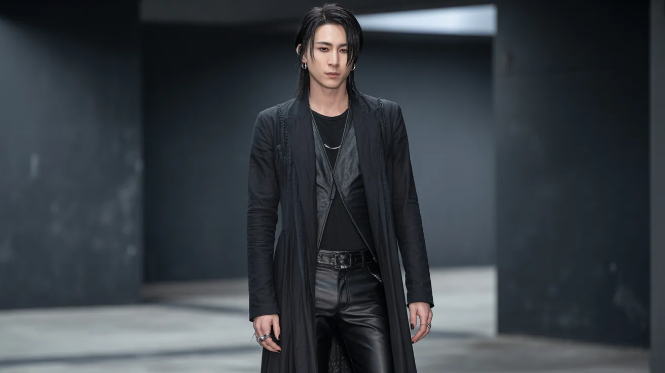A man wearing black leather pants and a long coat stands confidently, showcasing a stylish and edgy look.