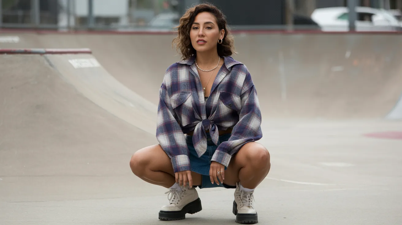 A woman squats in front of a skateboard ramp, preparing to skate or observe others in action.