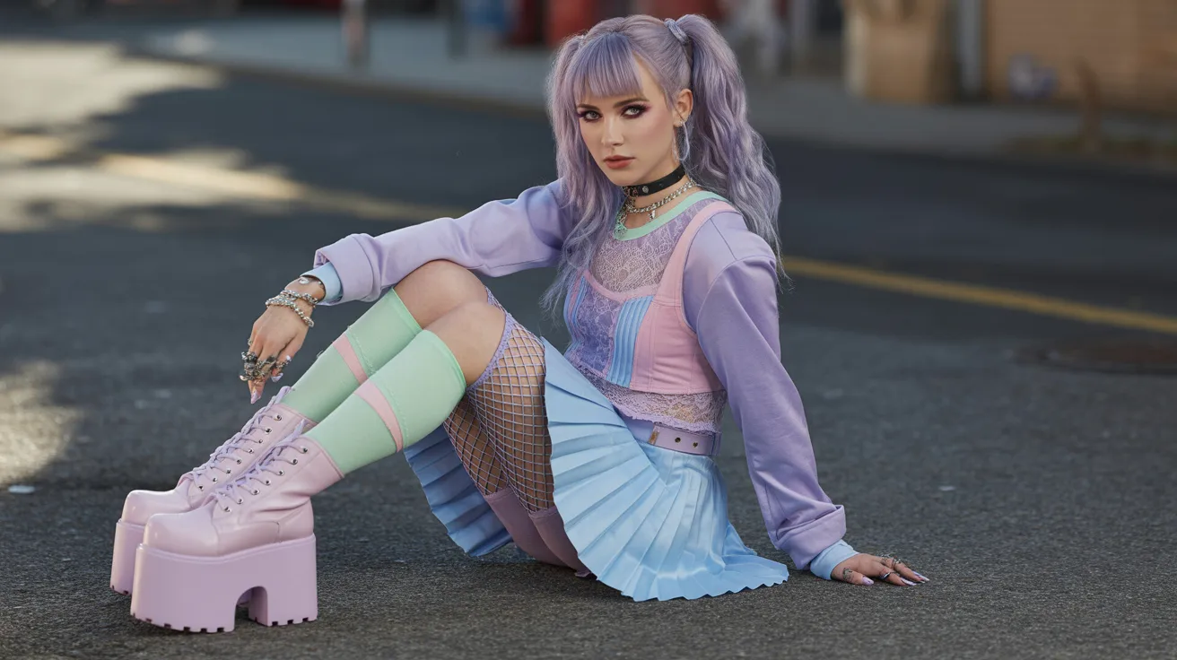 A woman with purple hair sitting on the ground, looking contemplative in a serene outdoor setting.