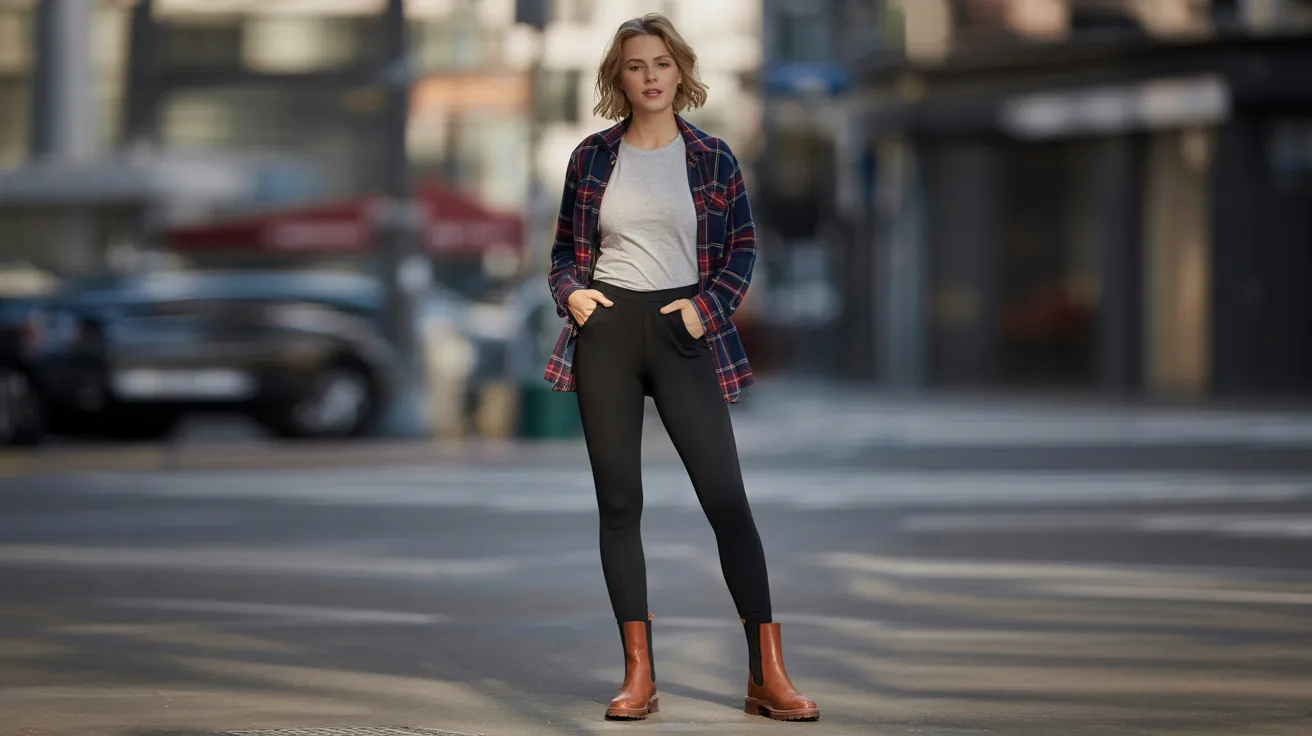 A woman in black pants and a white shirt stands on a bustling city street, surrounded by urban architecture.