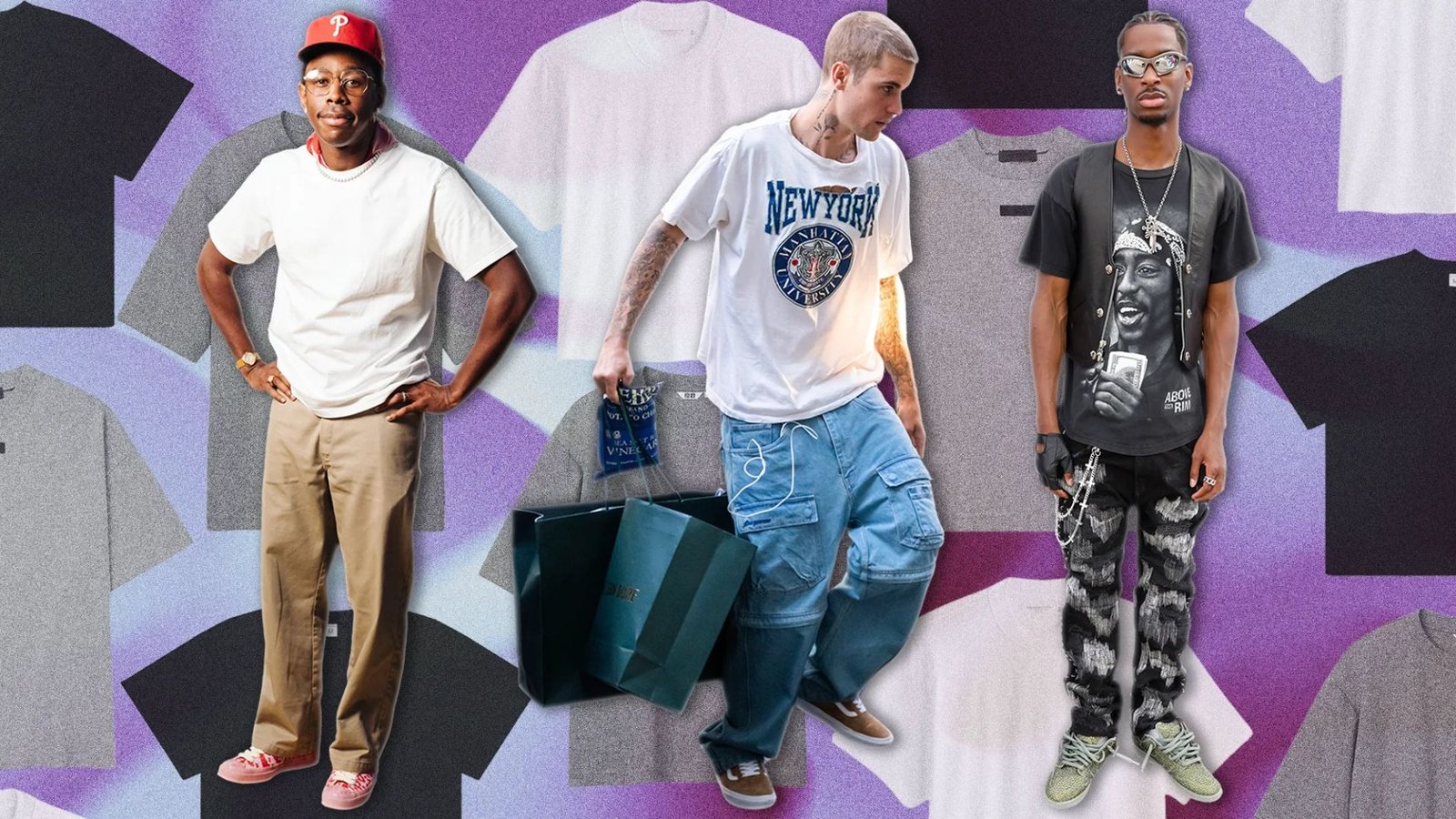 A montage of men dressed in t-shirts and hats, representing a variety of styles and personalities.