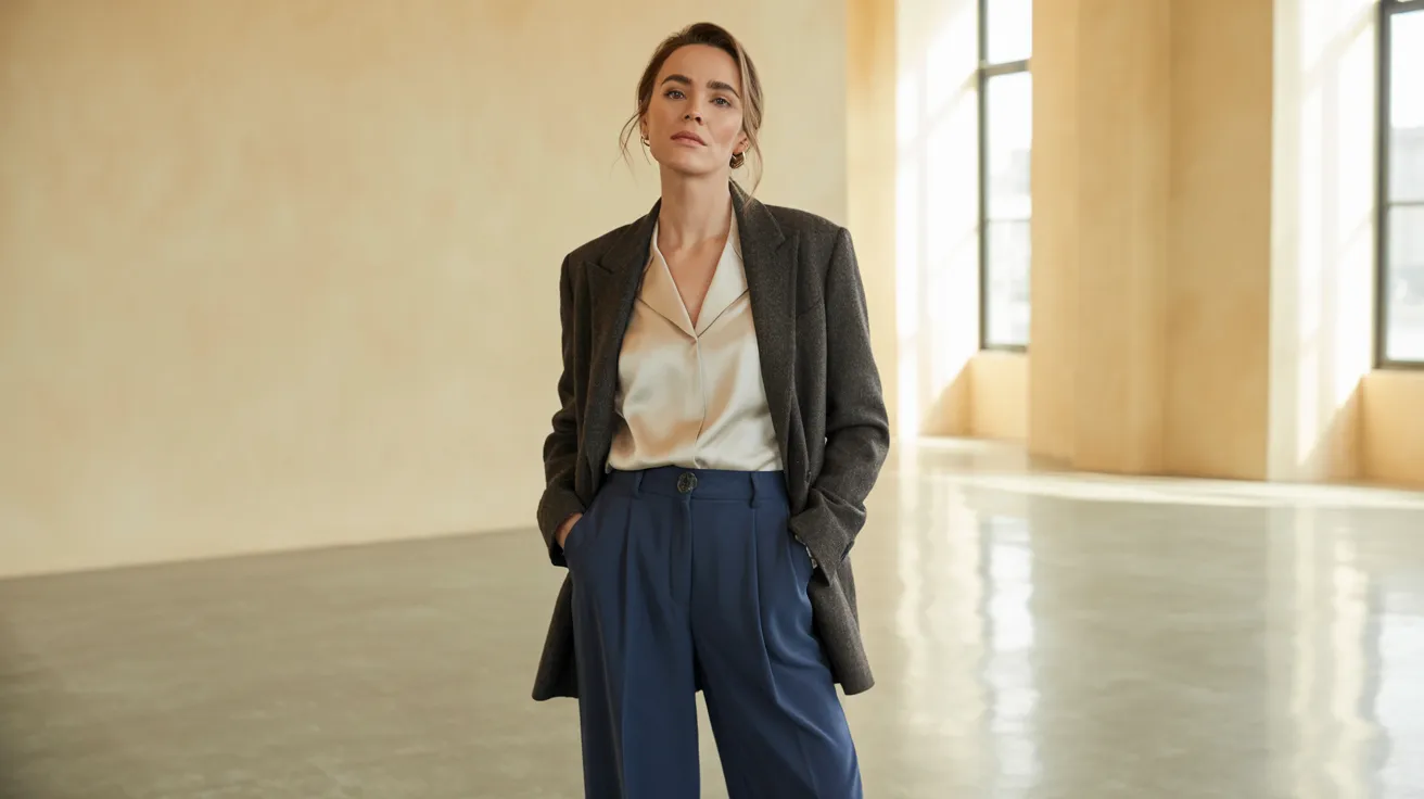 A woman wearing a grey coat and blue pants stands confidently, showcasing a stylish and modern outfit.
