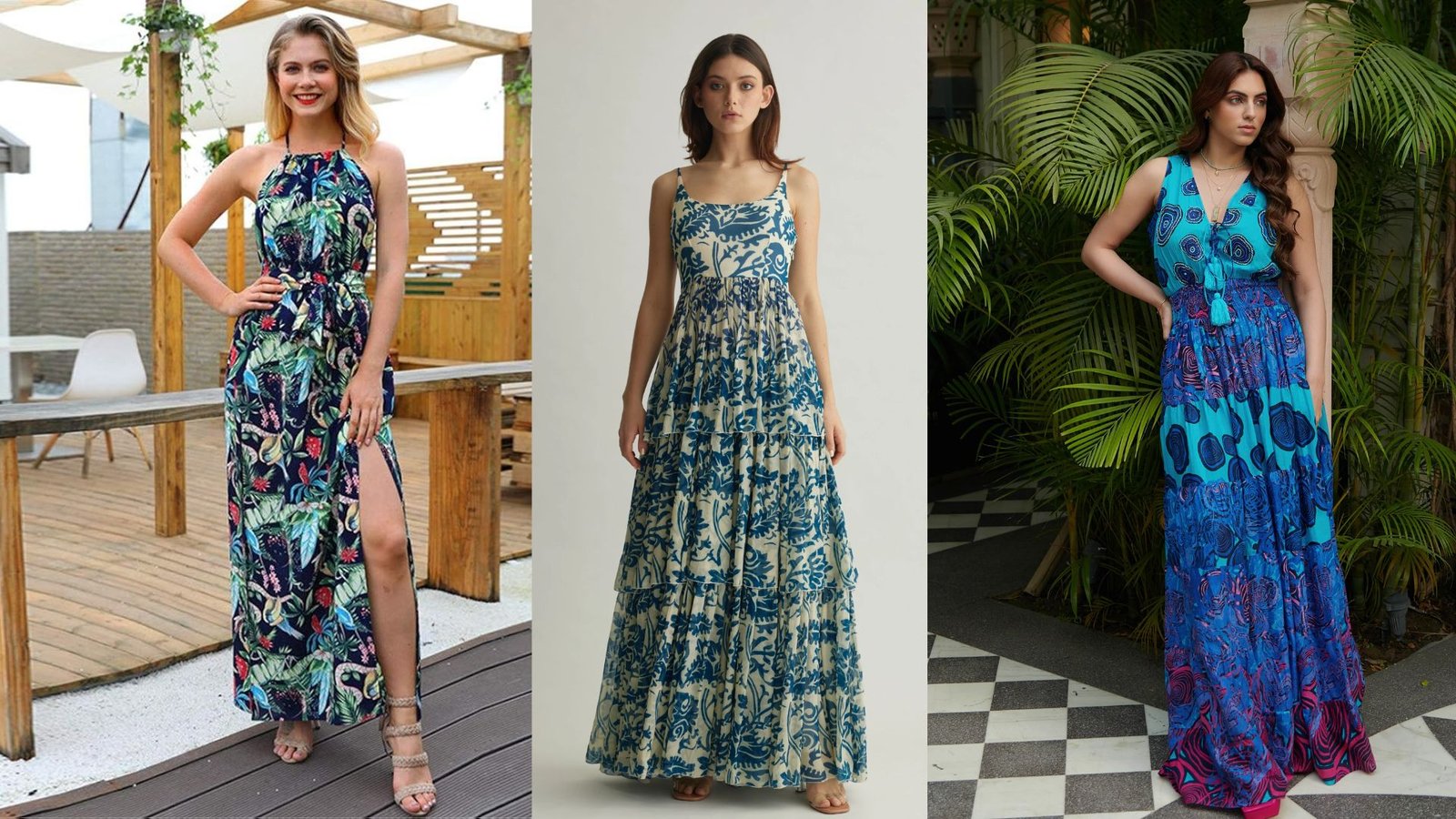 A collection of four dresses in distinct styles and colors, highlighting diverse fashion choices for women.