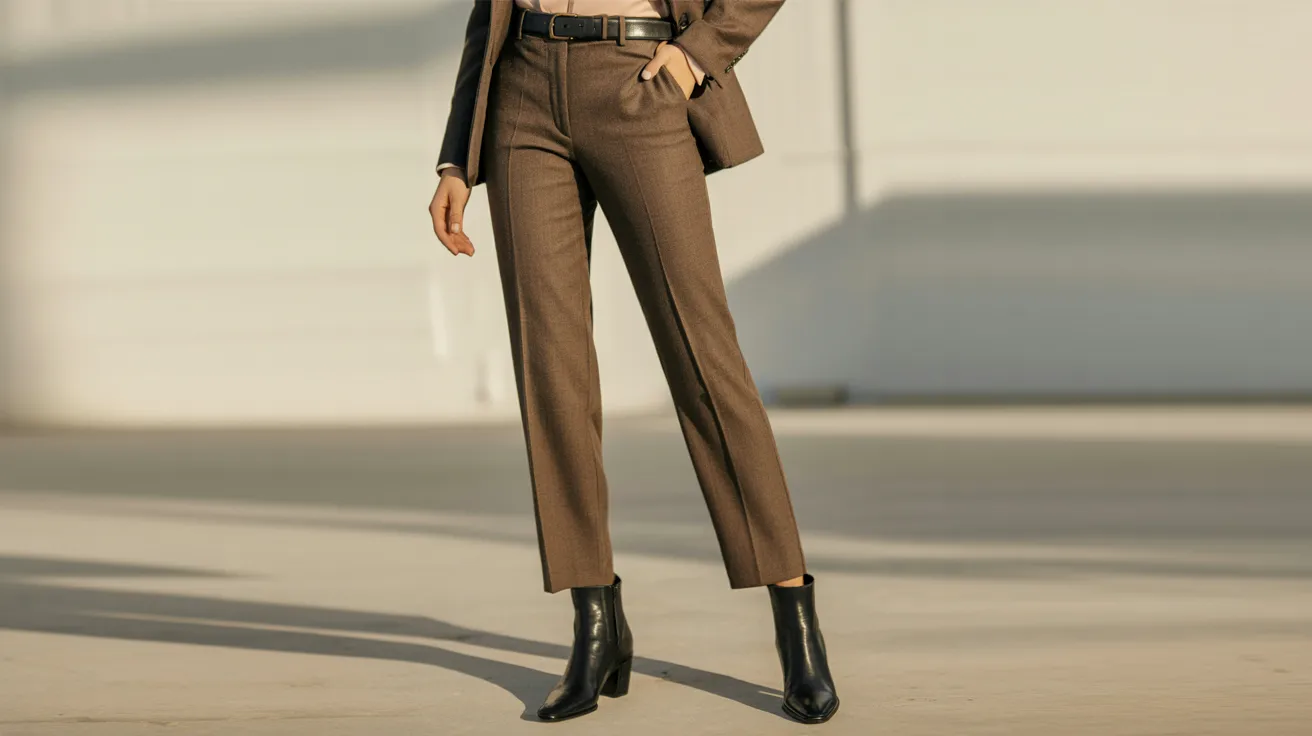 A woman wearing a brown suit and black boots stands confidently, showcasing a professional appearance.