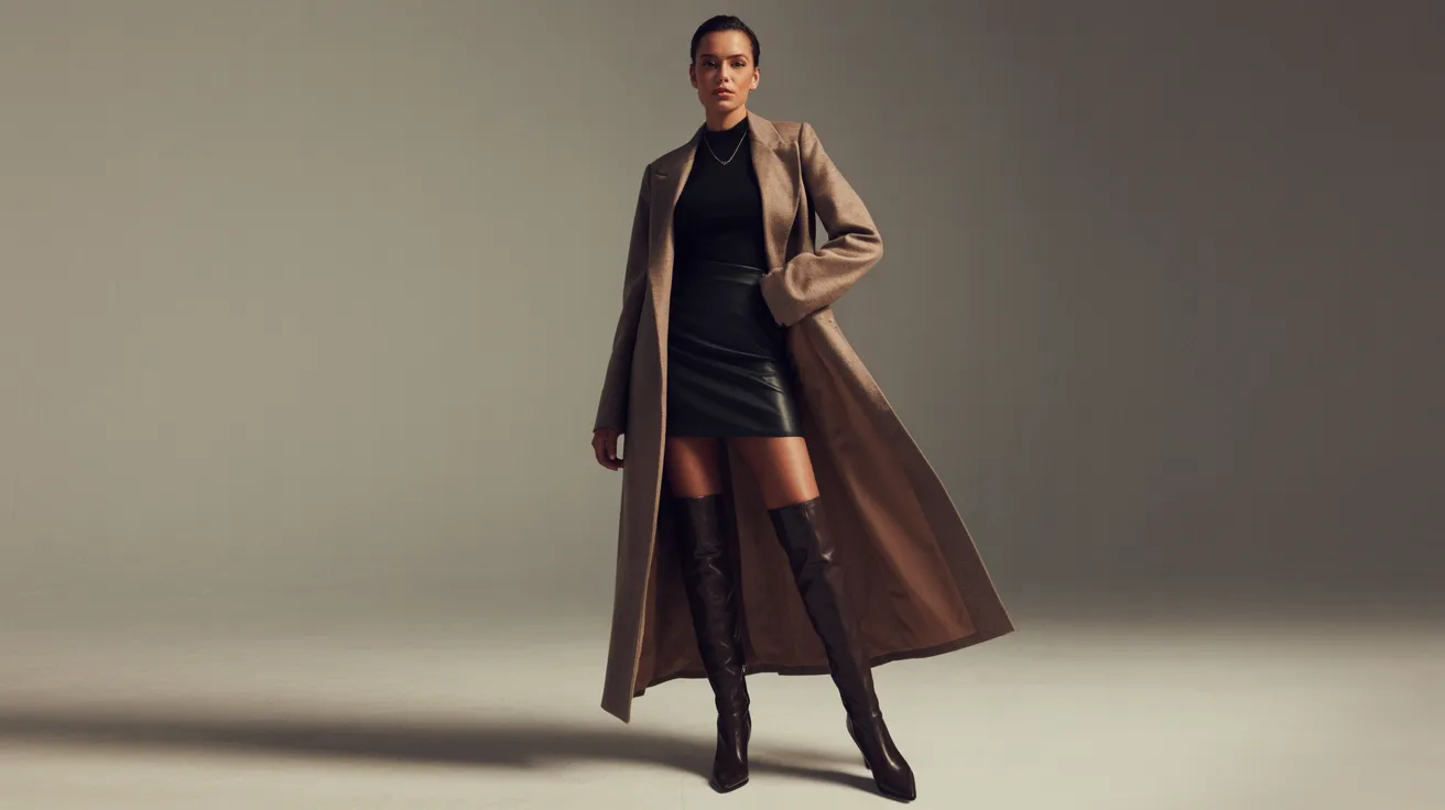 A woman wearing a stylish coat and thigh-high boots stands confidently, showcasing her fashionable outfit.
