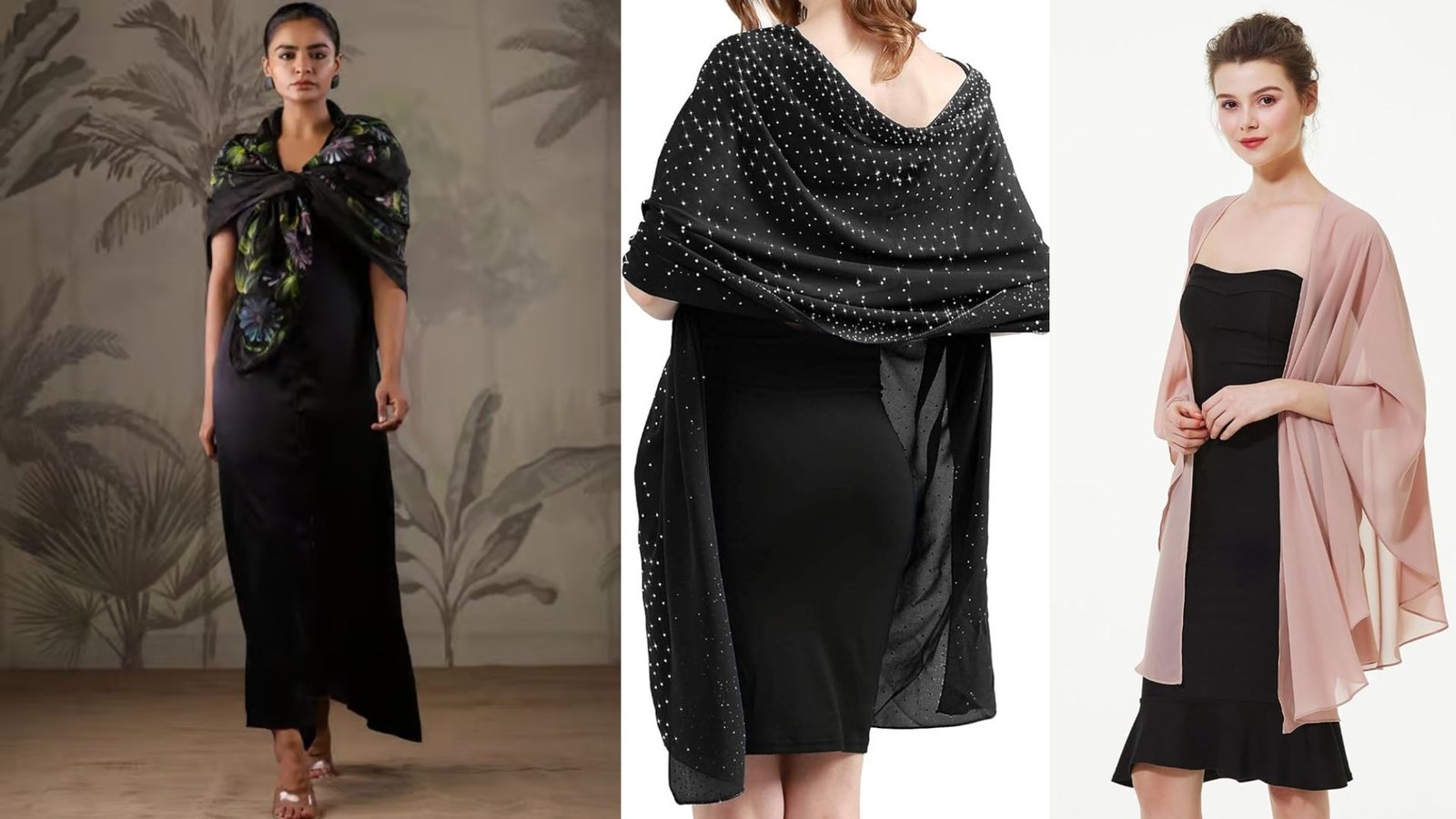 Four images of women wearing elegant black dresses, showcasing different styles and poses in a cohesive presentation