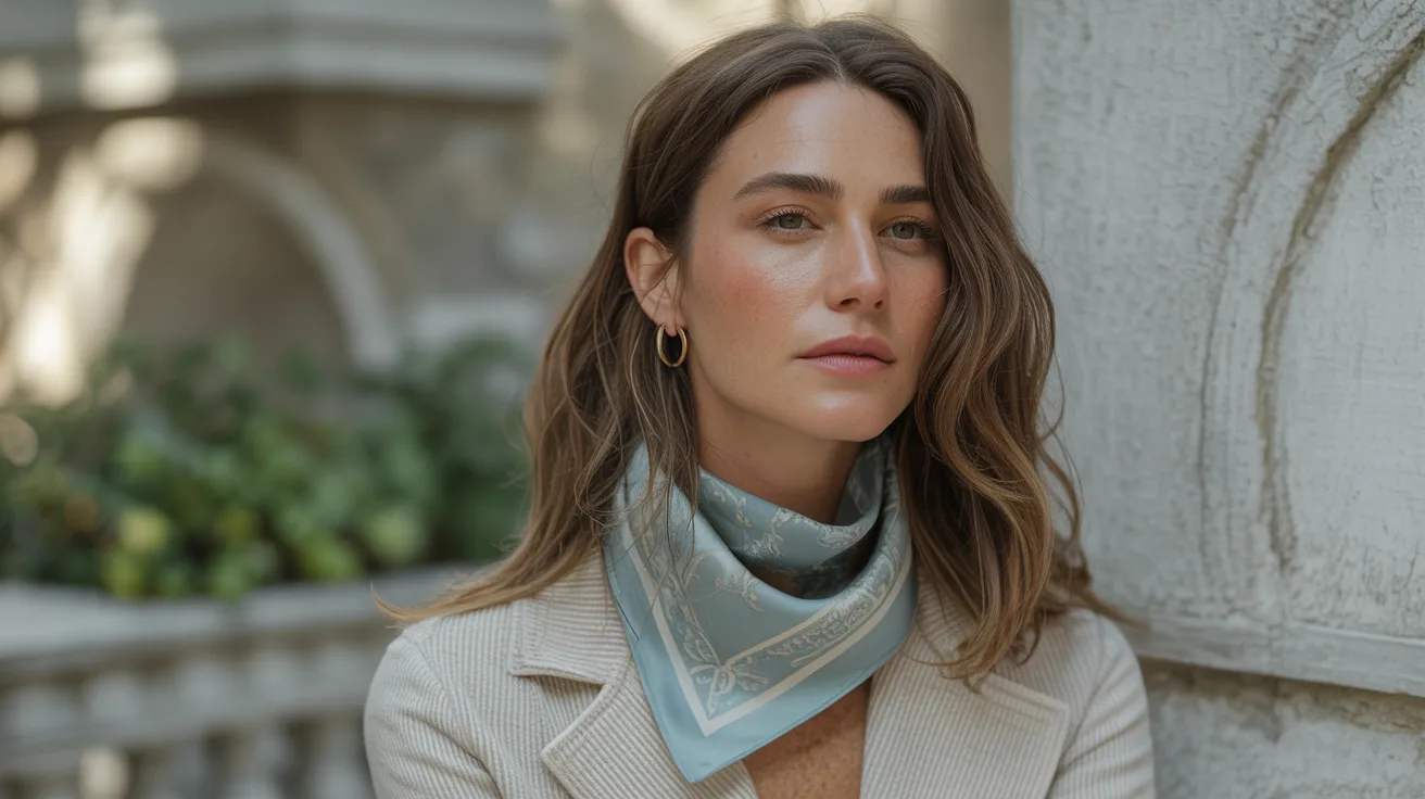 A woman in a blue scarf and white blazer poses confidently, showcasing her stylish outfit.