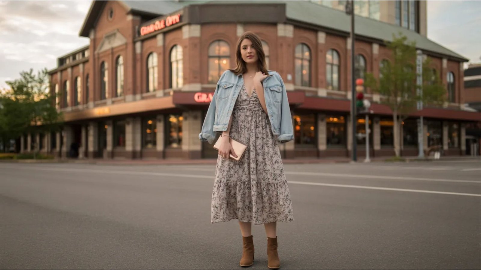 A woman wearing a dress and denim jacket stands confidently in the middle of a street.