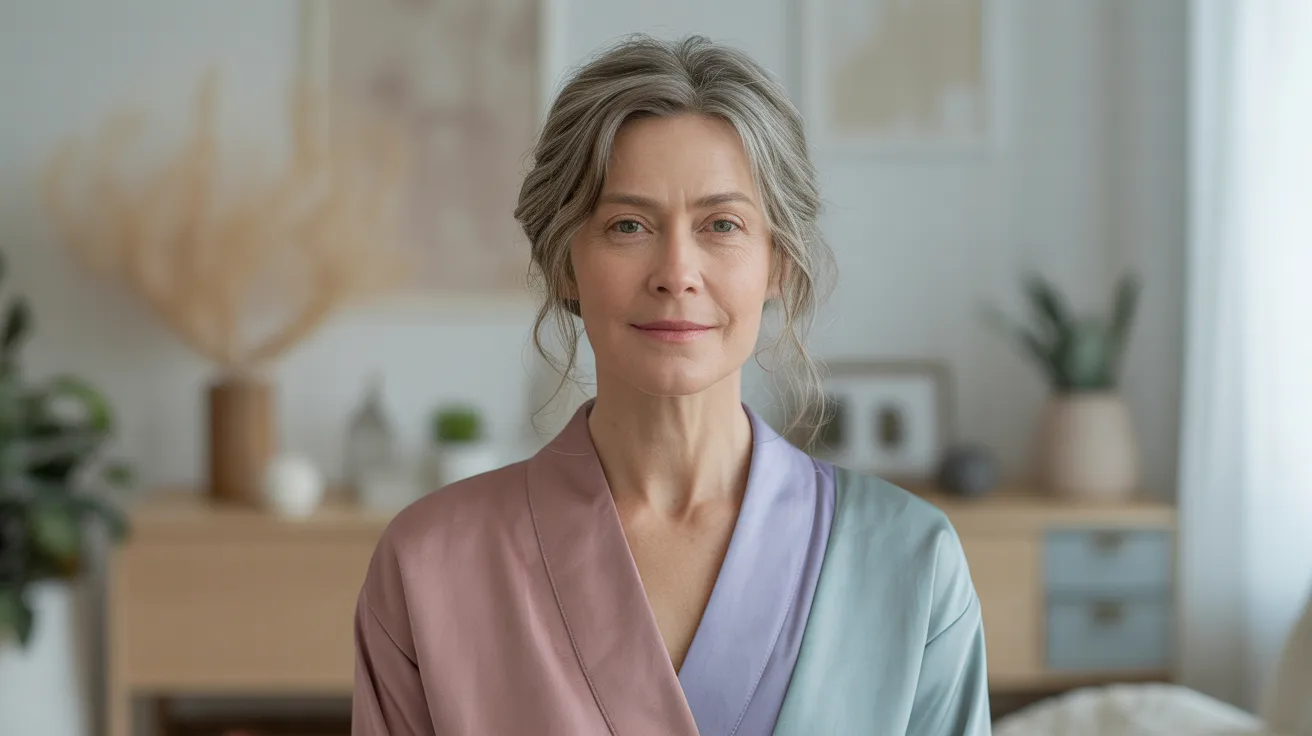 An older woman in a robe stands in a cozy living room, surrounded by warm lighting and comfortable furniture.