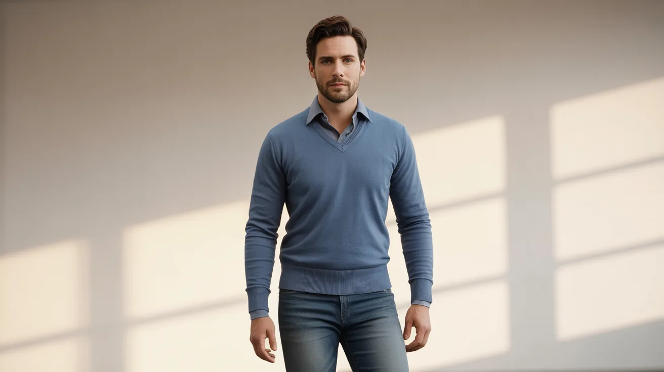 A man wearing a blue sweater and jeans stands casually, smiling at the camera.
