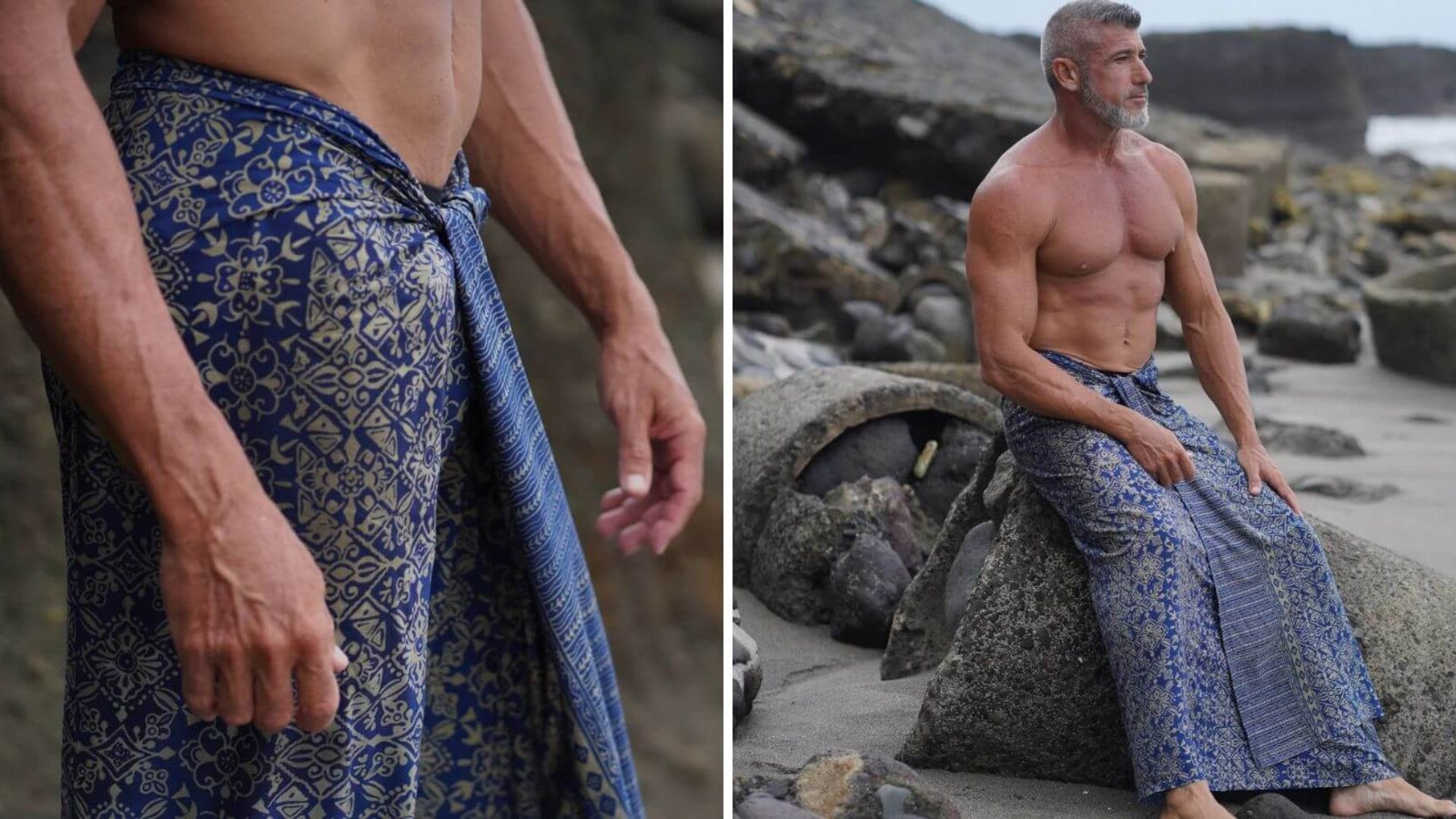 . A man wearing a blue and gold patterned sarong stands confidently, showcasing the vibrant design and colors of his attire.