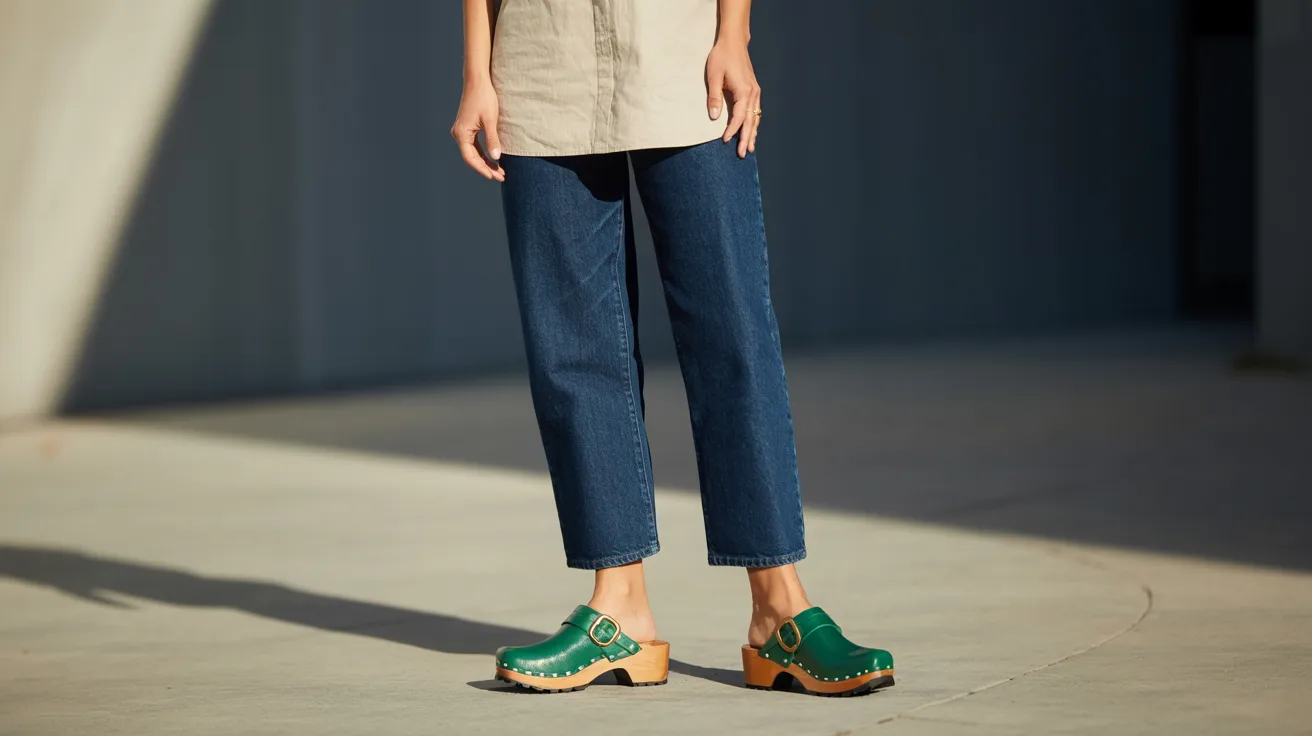 A woman in a beige shirt and blue jeans stands confidently, showcasing a casual yet stylish outfit.