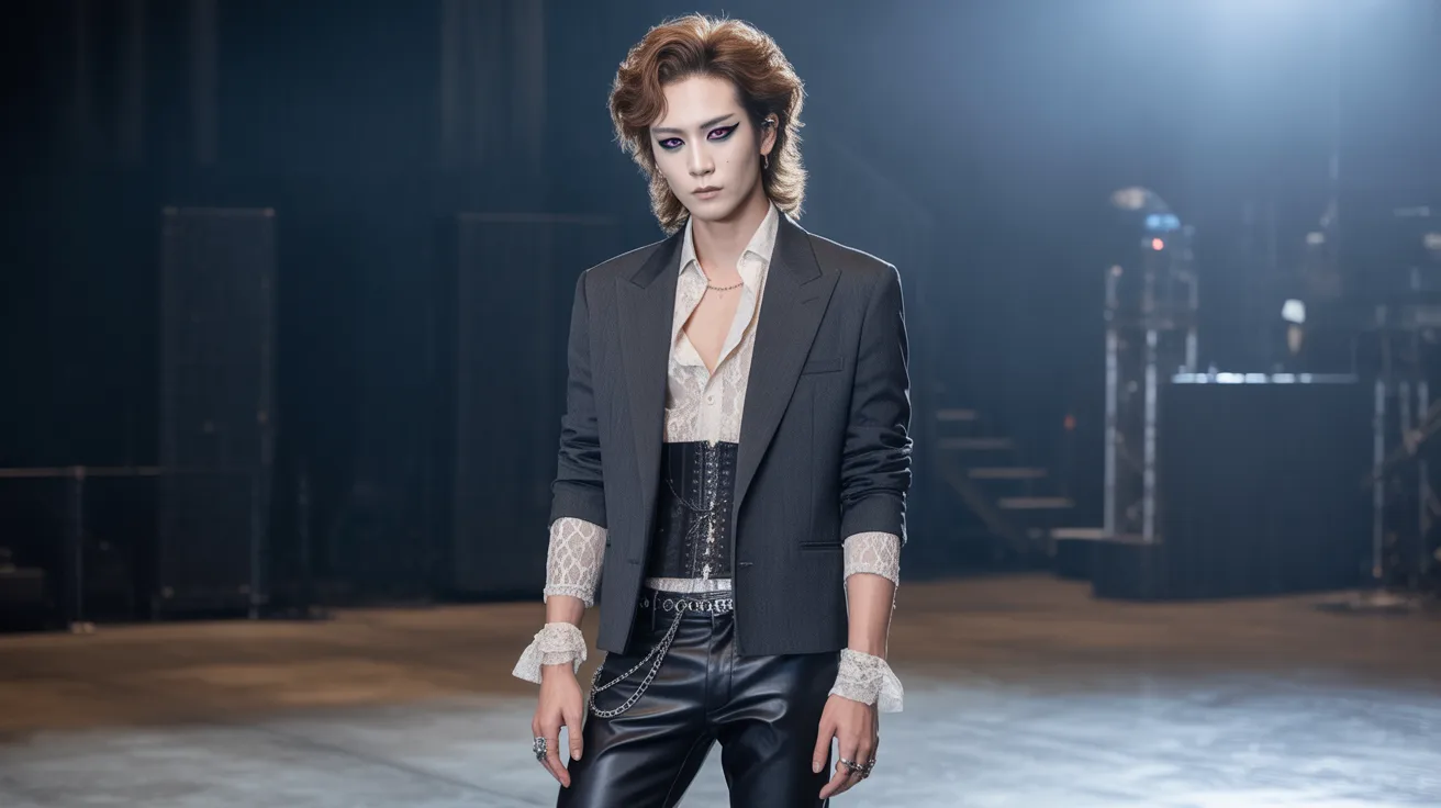 A woman wearing leather pants and a blazer, standing confidently with a stylish expression.
